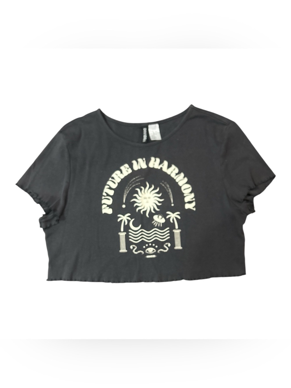 Divided Future in Harmony Graphic Girls Crop Tee Black Sz XL